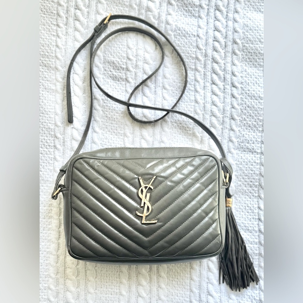 YSL Gray Matalasse Leather Quilted Camera Bag with Tassle